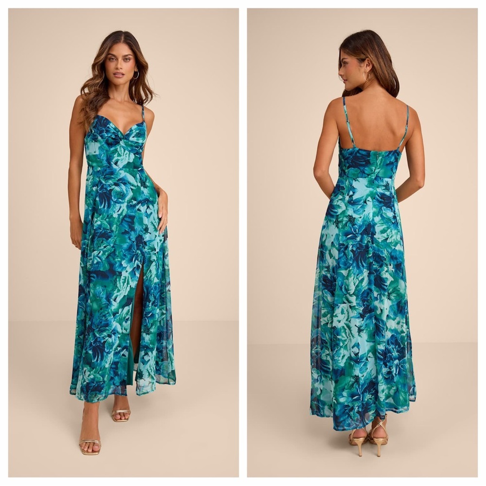 Lulu's Beautiful Soul Teal Green Floral Print Twist-Front Maxi Dress